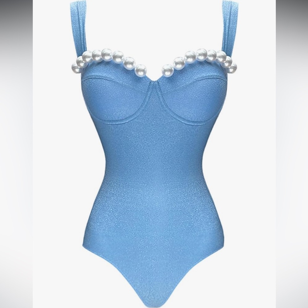 FLAXMAKER Royal Blue Halter Neck Tie Chest Pearl One Piece Swimsuit.